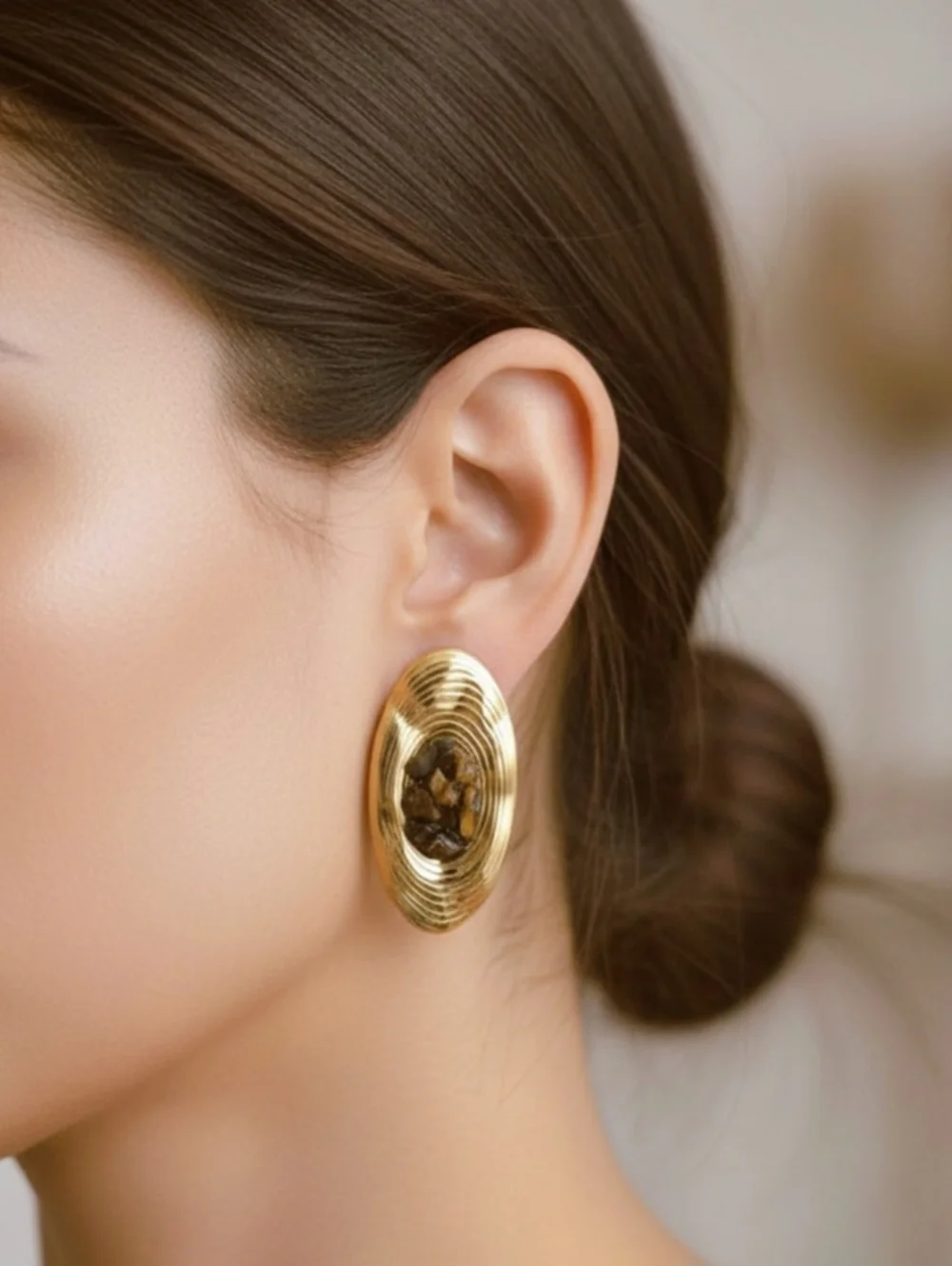 18K Gold-plated Statement Earrings -‎ Tiger Eye Design